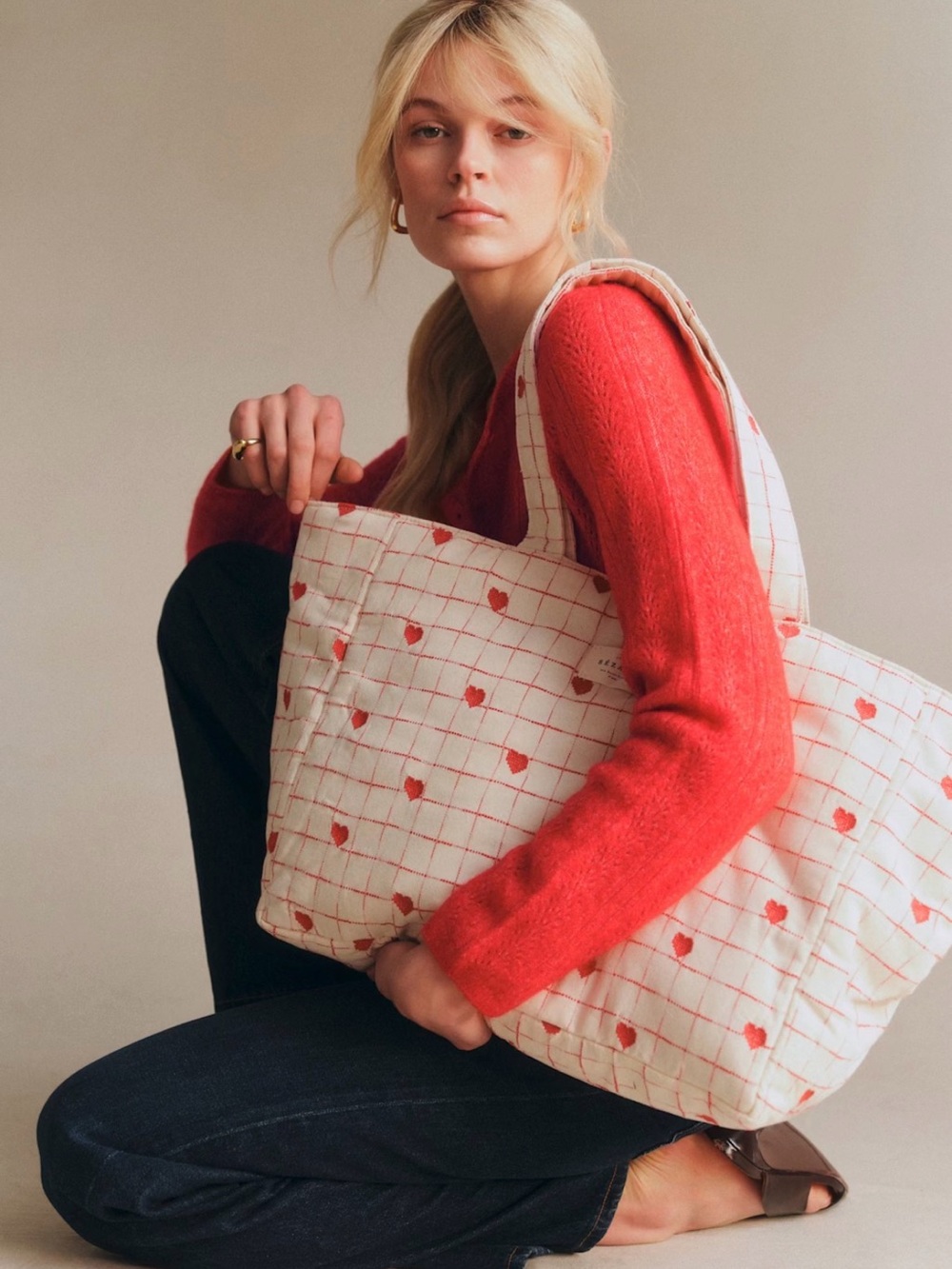 🇫🇷 Sézane Quilted ❤️ Heart Tote Bag White & Red